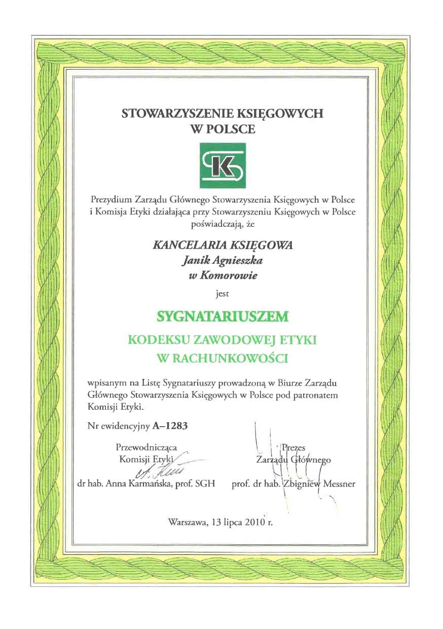 Poświadczenie stania się sygnatariuszem kodeksu zawodowej etyki w rachunkowości