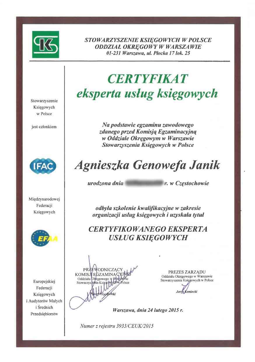Certyfikat eksperta usług księgowych
