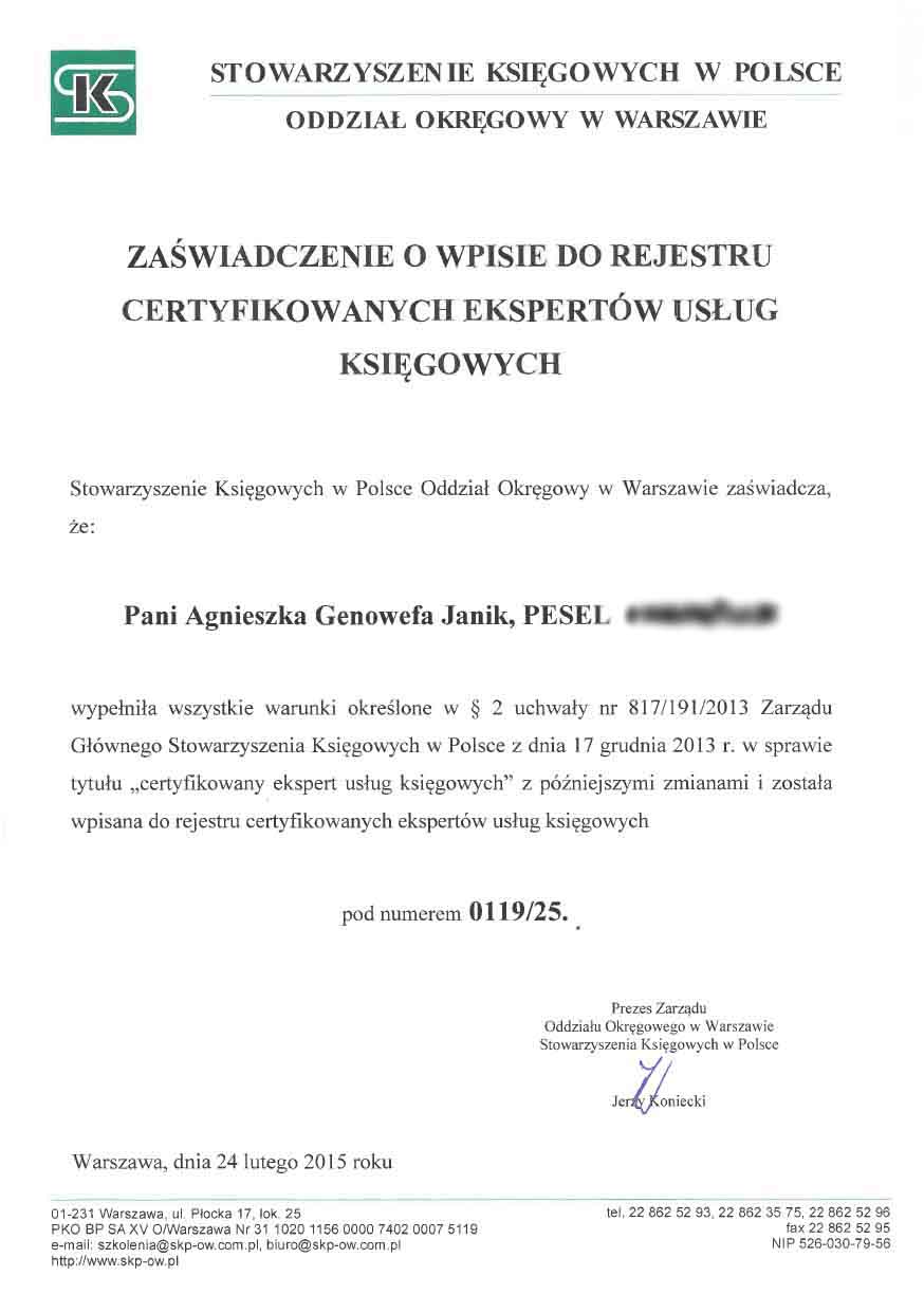 Zaświadczenie o wpisaniu do rejestru certyfikowanych ekspertów usług księgowych